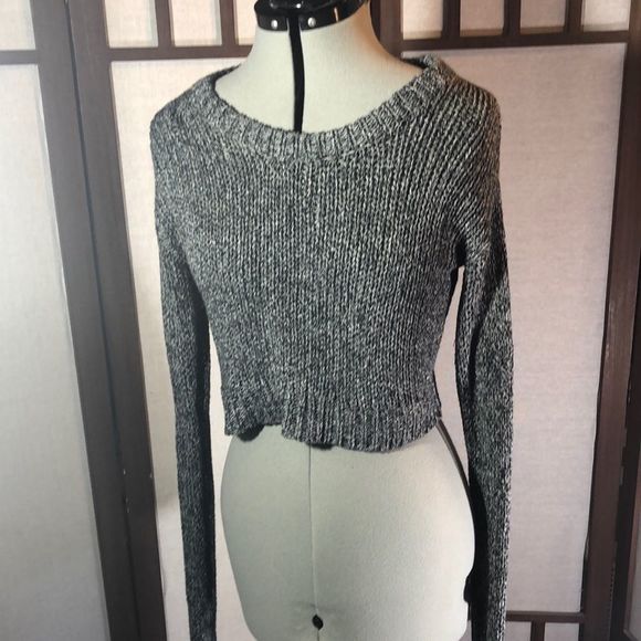 Say What? Cropped Grey Crew Neck Sweater Med. Extra Long Sleeves/Ribbed Accents - Picture 1 of 13